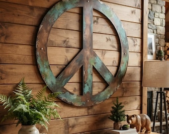 Rustic Peace Sign Metal Wall Art, Large Patina Wall Decor, Farmhouse Cabin Decor, Boho Hippie Home Accent