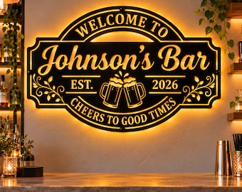 Personalized Bar Metal Sign With LED  Light, Custom Family Name Bar Decor, Beer Mug Wall Light, Man Cave Pub Sign, Pub Room Wall Art