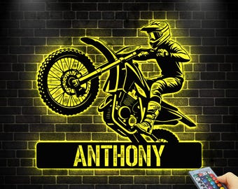 Aangepaste metalen bord crossmotor, led-crossmotor metalen muurkunst, gepersonaliseerd naambord motorrijder, decor motorcrosser, motorrijder cadeau