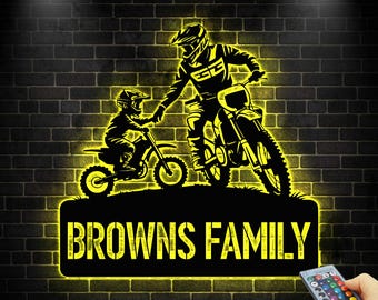 Father and Child Motocross LED Sign,Dirt Bike Rider LED Wall Light,Motocross Family LED Sign,Motocross Riders Sign,Garage or Man Cave Decor