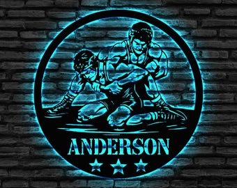 Gepersonaliseerde worstelen metalen bord met ledlicht, worstelkamerdecor, naambord worstelaar, cadeau worstelen minnaar, cadeau voor atleten
