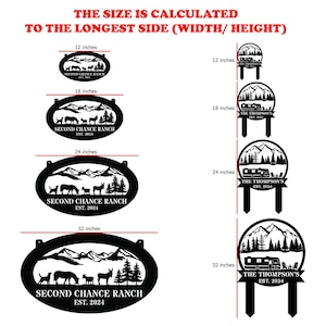 May include: Four black metal oval signs in different sizes, 12 inches, 18 inches, 24 inches, and 32 inches. Each sign features a mountain scene with trees, animals, and the text "Second Chance Ranch Est. 2024".