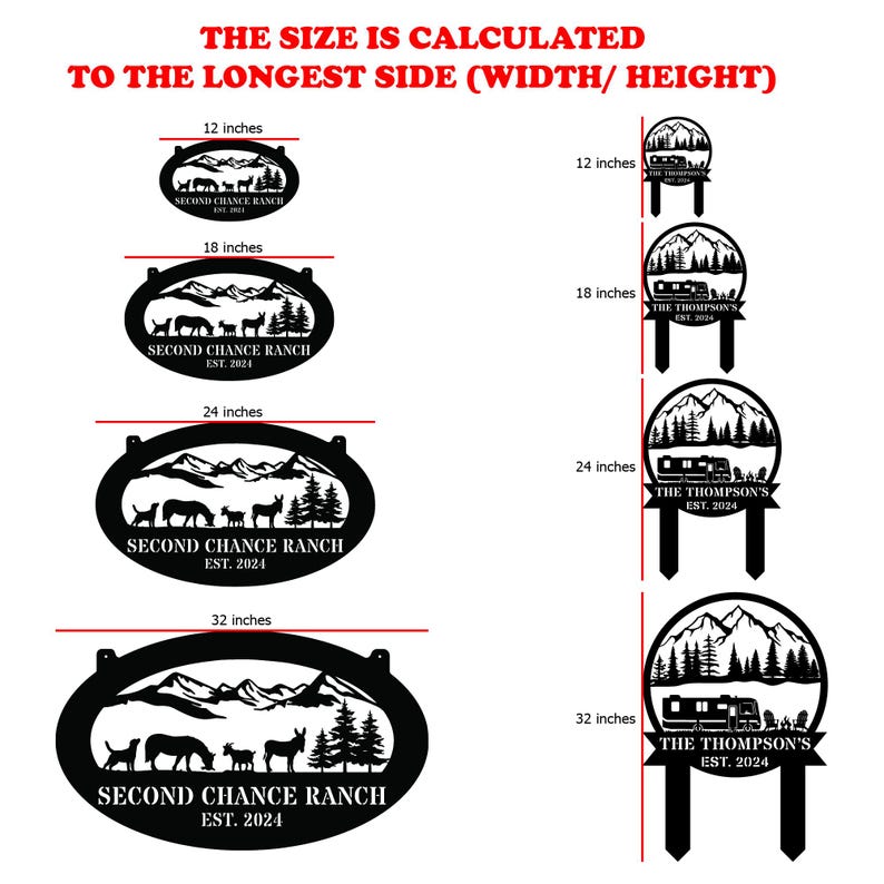 May include: Four black metal oval signs in different sizes, 12 inches, 18 inches, 24 inches, and 32 inches. Each sign features a mountain scene with trees, animals, and the text "Second Chance Ranch Est. 2024".
