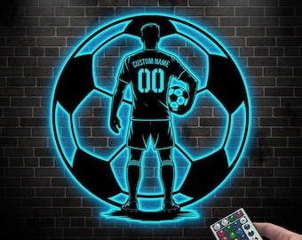 Personlig fotbolls-LED-metallskylt, fotbollsspelarens skylt, fotbollsväggdekor, fotbollsnamnskylt, anpassad fotbollsskylt med namn och nummer
