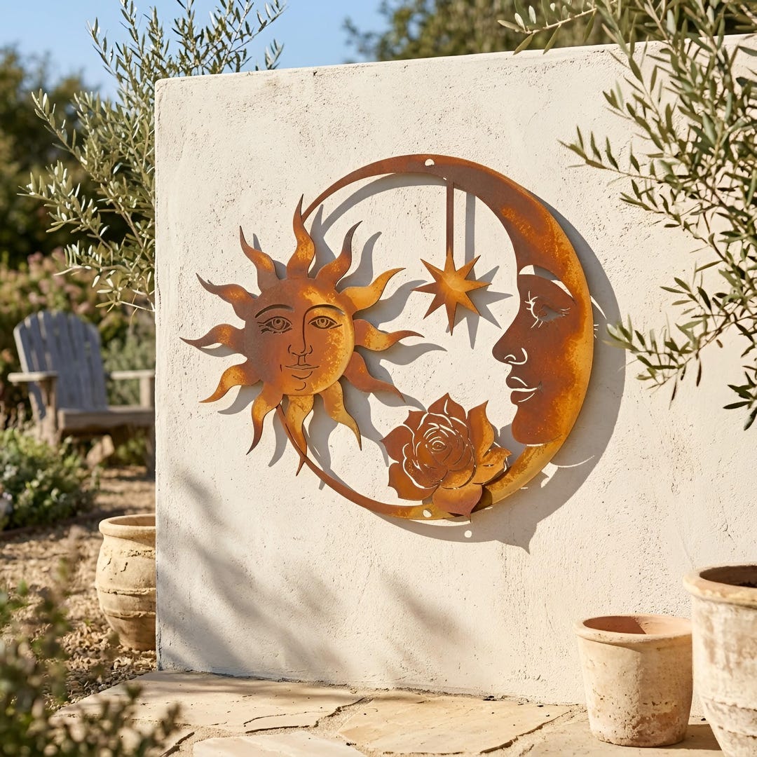 Sun and Moon Metal Wall Art, Celestial Garden Decor, Rustic Outdoor ...