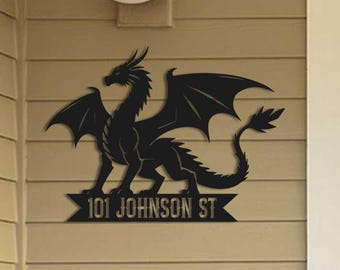 Custom Dragon Address Sign - Dragon Metal Sign - Dragon House Number Sign - Personalized Outdoor Metal Art- Dragon Address Sign -