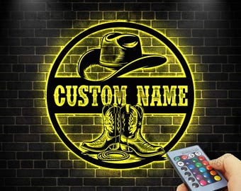 Cowboy Custom Name Sign With Led Light,Custom Cowboy Hat Name Sign, Cowboy Hat Room Decor,  Cowboy Hat Gift