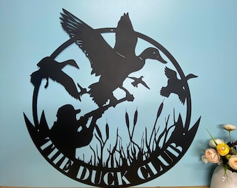 Arte de pared de metal personalizado para caza de patos, letrero de metal con nombre de cazador personalizado, letrero de metal para caza de patos voladores, decoración de pabellón de caza