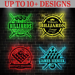 May include: Four custom neon-style signs featuring billiards themes with crossed cues and pool balls. The signs display text including Weston Billiards Lounge, Willem's Billiards Lounge, Bentley's Billiards, and James Bieniek in green, yellow, red, and blue.