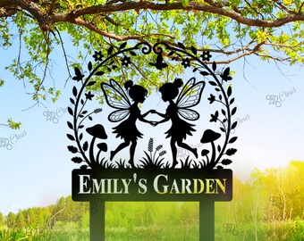 Estaca de jardín de hadas personalizada, letrero metálico de hadas, decoración de jardín de hadas, letrero con nombre de jardín personalizado, regalo de jardinería, arte de jardín