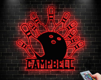 Lampada da parete a LED in metallo con scritta "Bowling", cartello personalizzato con nome del giocatore di bowling, decorazione per zona gioco bowling, regalo di compleanno, regalo per lui