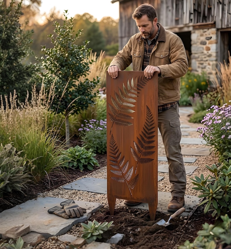 Stake Screen Rustic Fern Garden Panel, Metal Yard Stake Screen,fern Metal Garden ...