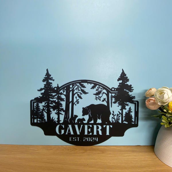 Bear Metal Sign Personalized, Bear In Woods Cabin Sign, Last Name Signs for Home,Family Name Black Bear Sign, Custom Bear Sign Dad Gift Sign
