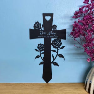 Personalized Cross With Rose Flowers Metal Yard Stake, Custom Cross Grave Marker Metal Garden Stake, Memorial Cross Metal Garden Sign,