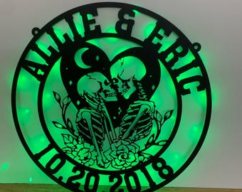 Custom Skeleton Couple Kissing with Roses Metal Wall Led Light, Gothic Home Decor, Wedding Gift, Halloween Valentines Gift, Skull Lover Gift