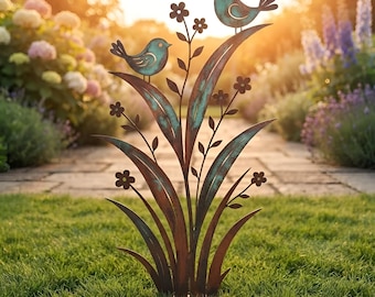 Rustic Bird Garden Stake, Metal Flower Yard Art,Rustic Metal Bird Garden Sculpture, Garden Art Ornament , Garden Gift