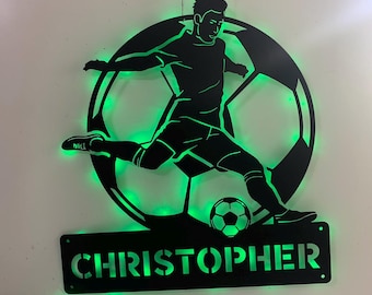Personlig fotbollsskylt i metall med LED-ljus, Anpassad fotbollsspelares namnskylt, Fotbollssportskylt, Fotbollsspelarepresent, Present till son
