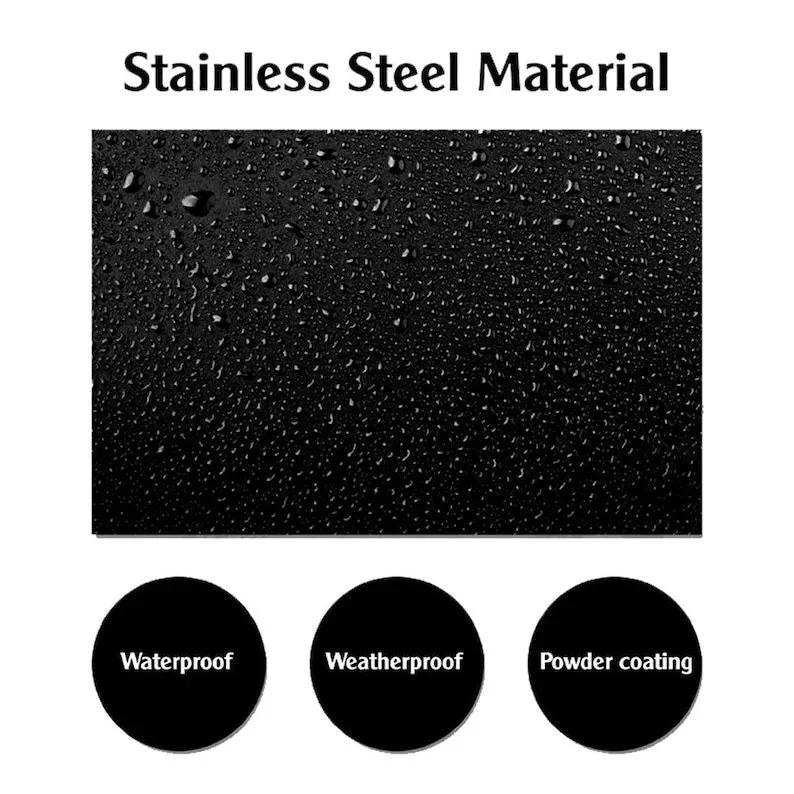 May include: Close-up of a black stainless steel surface with water droplets. The surface is labelled "Waterproof", "Weatherproof", and "Powder coating".