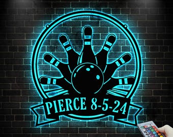 Decorazione murale in metallo personalizzata con luci a LED, cartello con nome del giocatore di bowling, decorazione per la casa, decorazione per zona gioco bowling, regalo di compleanno, regalo per lui