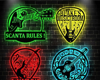 Personalized Guitar Metal Sign With LED  Light, Custom Name Music Room Decor, Multiple Guitar Styles, Musician Gift, Lighted Wall Art