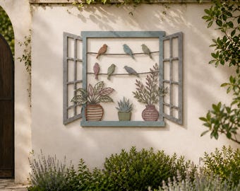 Bird Window Metal Wall Art, Outdoor Garden Decor With Planters, Rustic Patio Fence Sign, Garden Lover Gift