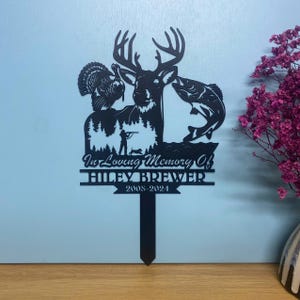 Benutzerdefinierte Jäger-Gedenkmetall Gartenpfahl, personalisierte Jäger Metallgrabmarker, Hirsch-Truthahn-Fischjäger-Erinnerungsschild,