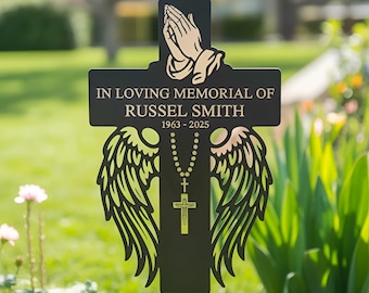 Personalized Memorial Cross Stake,Custom Grave Marker with Praying Hands,Memorial Cross Stake, Custom Cemetery Marker, Sympathy Gift