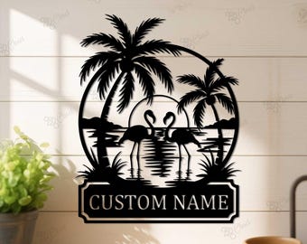 Personalized Flamingo Wall Sign,Flamingo Metal Wall Art,Flamingo Sunset Wall Decor,Tropical Palm Tree Metal Sign,Tropical Flamingo Decor