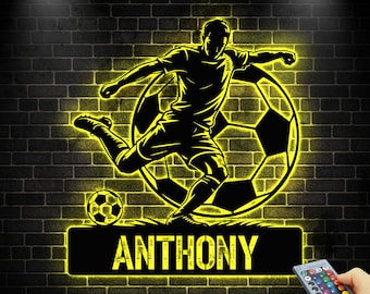 Personalized Soccer Metal Wall Art LED Light, Football Player Metal Sign, Sports Name Sign, Gift For Soccer Players, Boys Room Decor