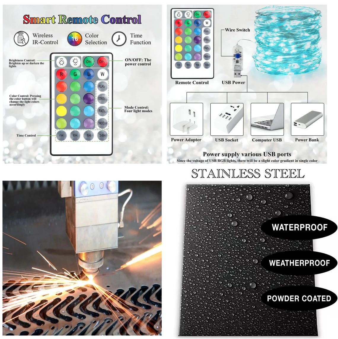 May include: A collage of images showcasing LED lighting components. Includes a remote control with color selection buttons, a string of lights, and a stainless steel panel labeled waterproof, weatherproof, and powder coated. Also shown are USB power options.