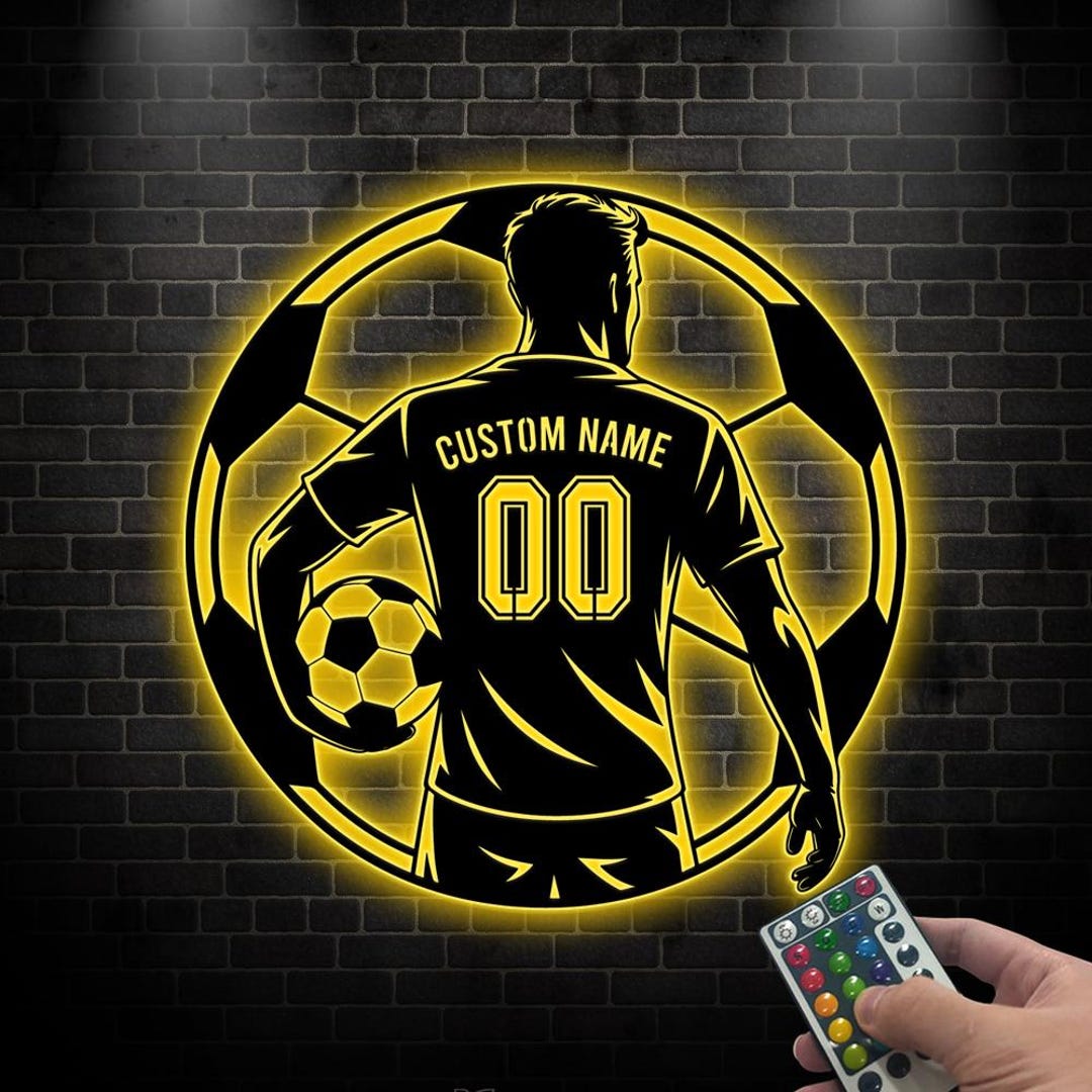 Personalized Soccer Ball Metal Wall Art Led Light, Soccer Ball