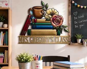 Personalized Book Lover Metal Sign, Books Flowers Coffee Decor , Custom Reading Room Wall Decor, Reader Gift, Library Home Decor