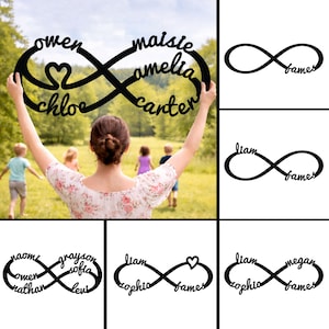 May include: Black metal infinity sign with personalized names: Owen, Maisie, Amelia, Chloe, and Carter. A heart shape is included. The sign is held up by a person in a field with children in the background.