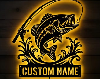 Personalized Fish Name Metal Monogram Sign, Outdoor Bass Fishing Sign, Fishing Gift for Men, Custom Fishing Sign,Fish Outdoor Metal Wall Art