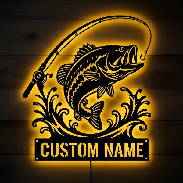 Letrero metálico con monograma personalizado con nombre de pez, letrero para pesca de lubina al aire libre, regalo de pesca para hombres, letrero de pesca personalizado, arte de pared metálico para exteriores con peces