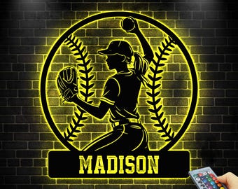 Custom Softball Metal Sign with LED Lights, Personalized Softball Player Name Sign, Gift for Her, Game Room Decor, Softball Lover Gift