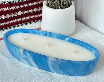 Soy Wax Candle in Large Ocean-Blue Marbled Bowl ~ Different Scents Available ~ Relaxing Home Decor