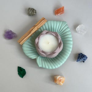 Lotus Blossom Candle with Leaf Tray and one wax refill | Spiritual & Zen Home Decor | Handmade Soy Wax Candle and Gypsum Home Decor