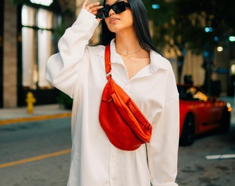 Sac banane en cuir italien, sac bandoulière rouge, sac de voyage artisanal
