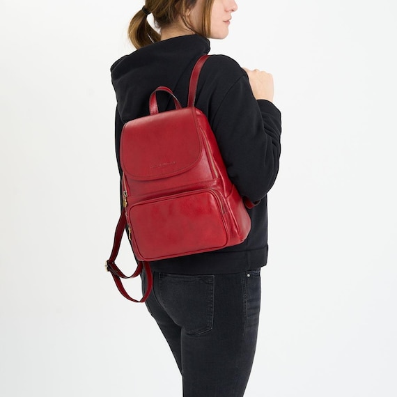 Elegant Red Leather Backpack Personalized Italian Leather Backpack City - Red | olpr main image 2