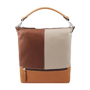 Chic and fashionable leather tote in a color-block pattern of brown, beige, and tan. This versatile women’s bag has a top handle and a compact design, ideal as an office tote or quality leather purse for daily use.