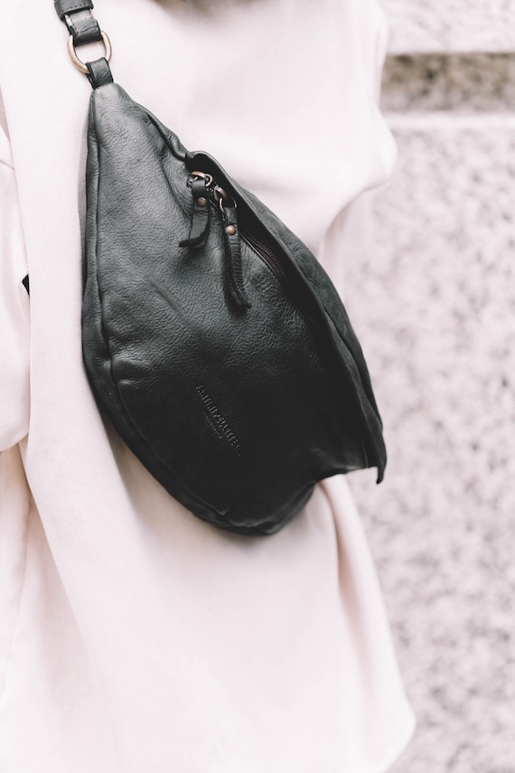 Leather Fanny Pack, Black Leather Bum Bag, Italian Belt Bag, Crossbody Sling Bag