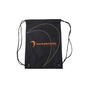 May include: Black drawstring backpack with the Diamond Audio logo in orange and tan. The logo features a stylized curved shape and the brand name. The bag has black drawstrings and metal eyelets.