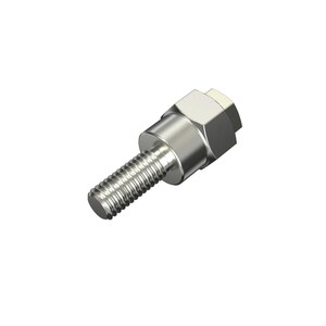 May include: A silver-colored bolt with a threaded shaft and a hexagonal head. The bolt is designed for fastening and joining materials. The image shows the bolt against a white background, highlighting its metallic finish and construction.
