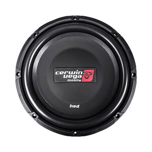 May include: A black Cerwin Vega mobile subwoofer with a circular design. The center features the Cerwin Vega logo in white and red. The word "hed" is printed in white at the bottom of the center.