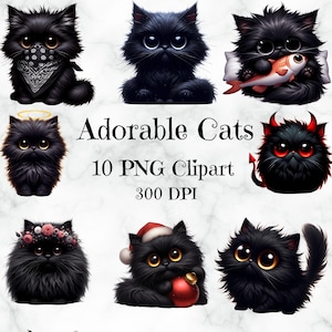 10 Adorable Cats Clipart's set, Digital download, Funny cats, Funny Animal PNG, Cartoon pet prints, Nursery digital art, Fluffy cats, Kitten