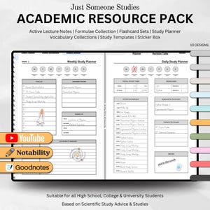 May include: A weekly and daily study planner with a rocket ship and atom illustrations. The planner includes sections for to-do lists, assignment trackers, reading lists, study schedules, subjects to study, topics to study, and notes. The planner is designed for high school, college, and university students.