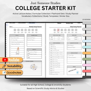 May include: A college starter kit with a weekly and daily study planner. The planner features a rocket ship, an atom, and a checklist. The kit is designed for high school, college, and university students.