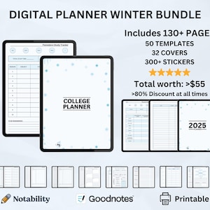 Könnte beinhalten: Digitaler Planer-Bundle für Studenten mit Winterthema. Enthält über 130 Seiten, 50 Vorlagen, 32 Cover und über 300 Sticker. Das Bundle ist kompatibel mit den Apps Goodnotes und Notability und auch druckbar.
