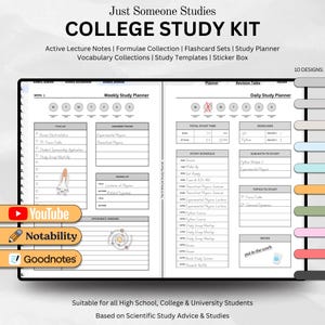 Puede incluir: Un kit de estudio universitario con un planificador semanal y diario. El kit incluye una caja de pegatinas, tarjetas de memoria y plantillas de estudio. Las páginas del planificador presentan una ilustración de cohete y átomo. El texto en la portada dice "College Study Kit".